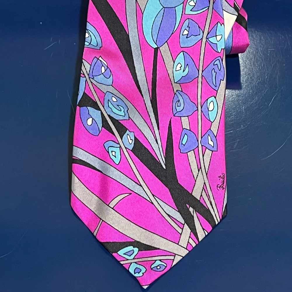 Emilio Pucci Floral Mens Tie Roland’s Silk Blue Pink Black Purple Vintage Italy